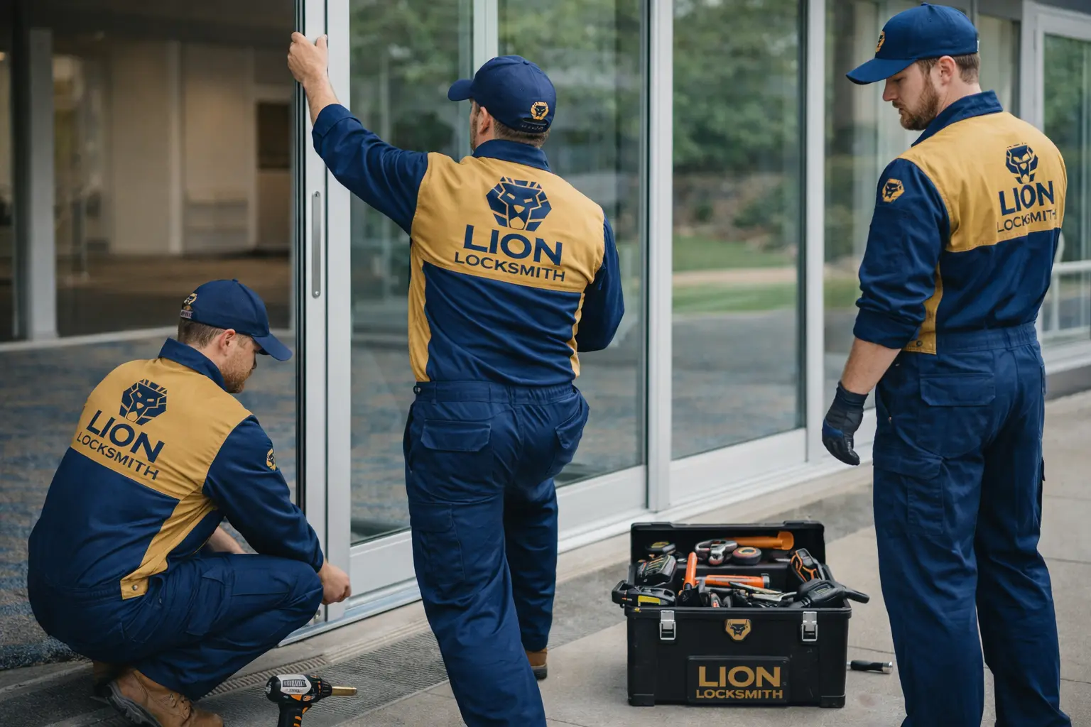 three lion locksmith technicians installing a commercial sliding door in Maryland