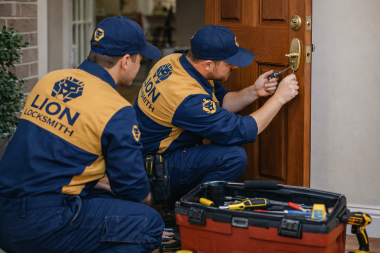 Two lion locksmiths repairing a door in a maryland home