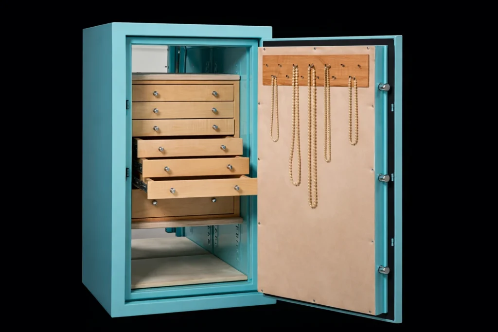 Open jewelry safe with interior drawers and necklace storage prepared for careful relocation by Lion Locksmith professional safe movers providing secure jewelry safe moving and controlled safe transport services in Maryland.