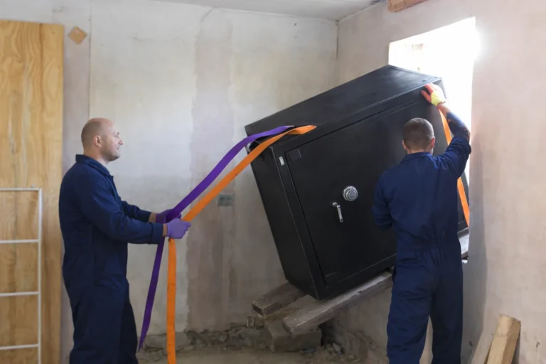 technicians moving a large black safe into position inside a room using lifting straps