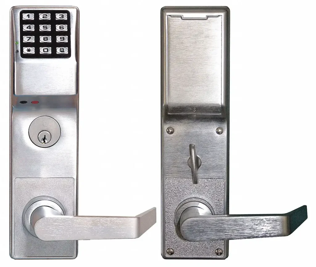 Alarm Lock Trilogy DL2700-10B keypad lever lock with standard cylinder key override, front and back view, satin chrome finish, Grade 1 commercial lock for secure access control