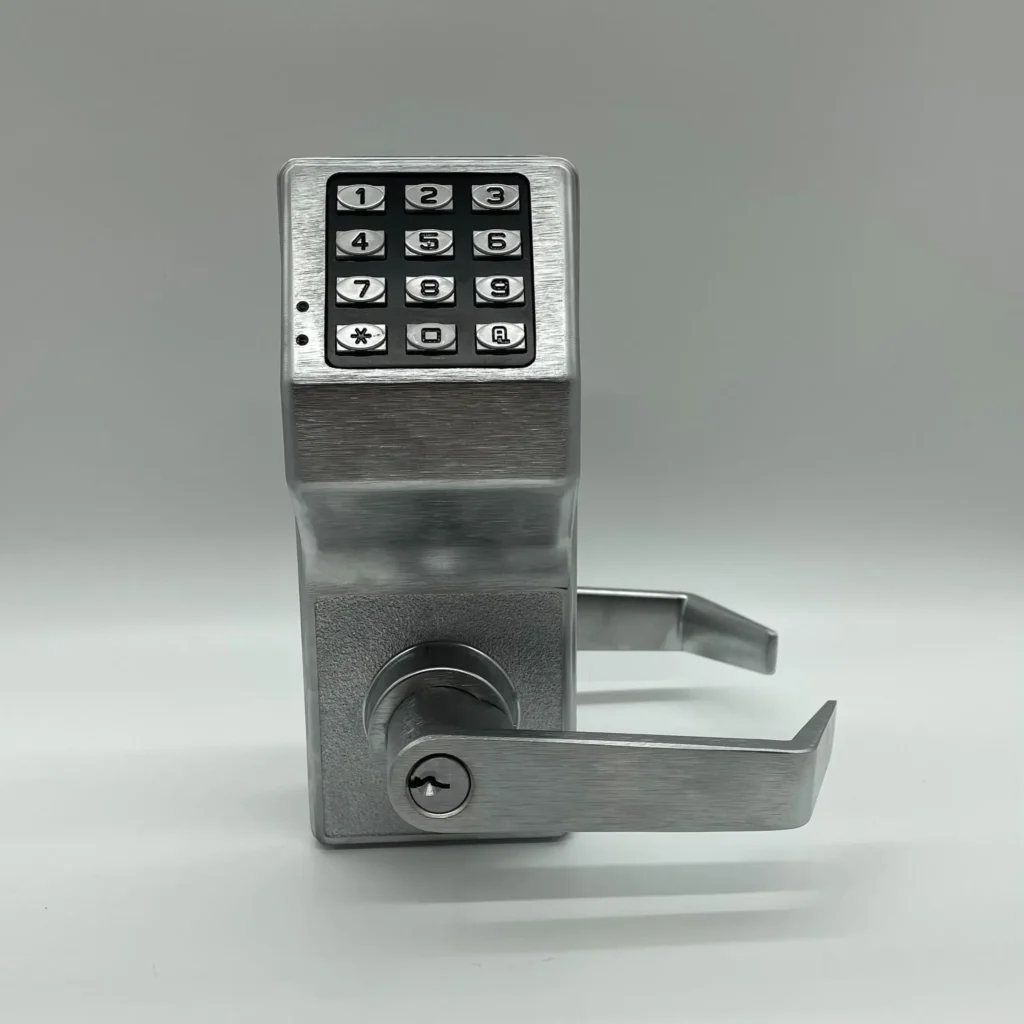 Alarm Lock Trilogy DL2700 commercial keypad lever lock with satin chrome finish, Grade 1 durability, standalone digital access control for offices and facilities in Maryland
