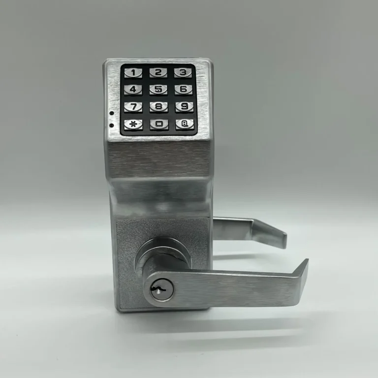 Alarm Lock Trilogy DL2700 commercial keypad lever lock with satin chrome finish, Grade 1 durability, standalone digital access control for offices and facilities in Maryland