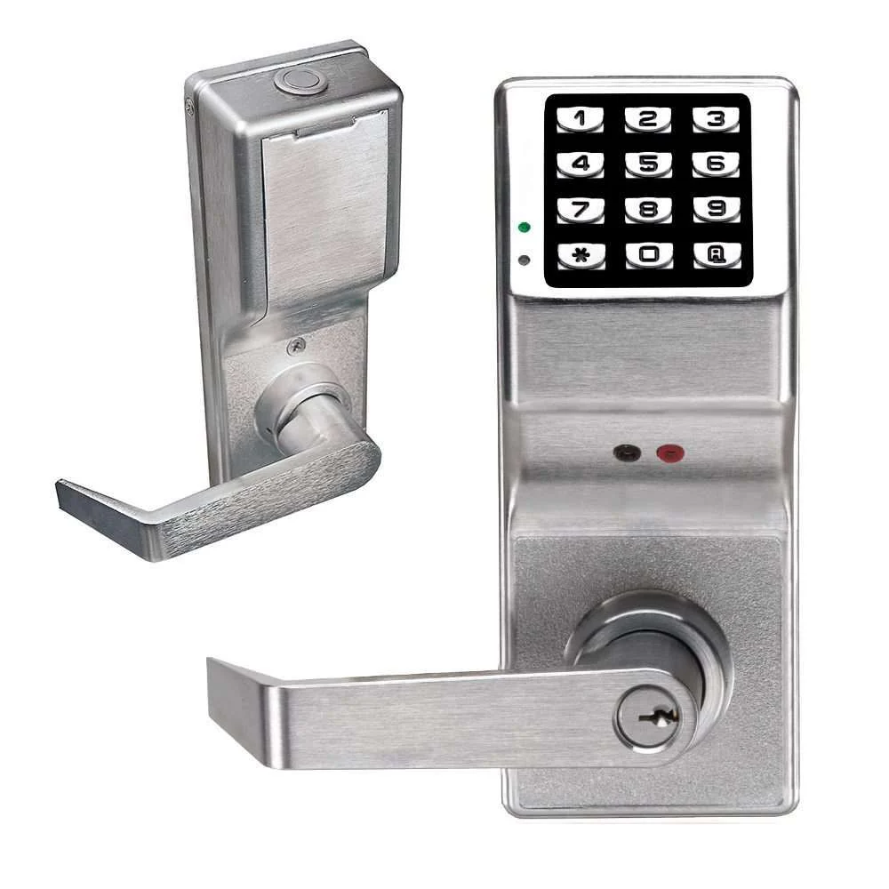 Alarm Lock Trilogy T2 electronic digital keypad lever lock front and back view with satin chrome finish, Grade 1 commercial lock with LED indicators and key override for secure interior acces