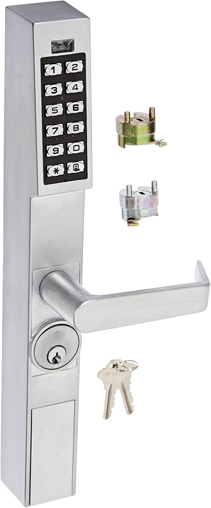 Alarm Lock Trilogy T2 narrow stile keypad lever lock with mortise body, satin chrome finish, designed for aluminum storefront doors with key override and commercial Grade 1 durability