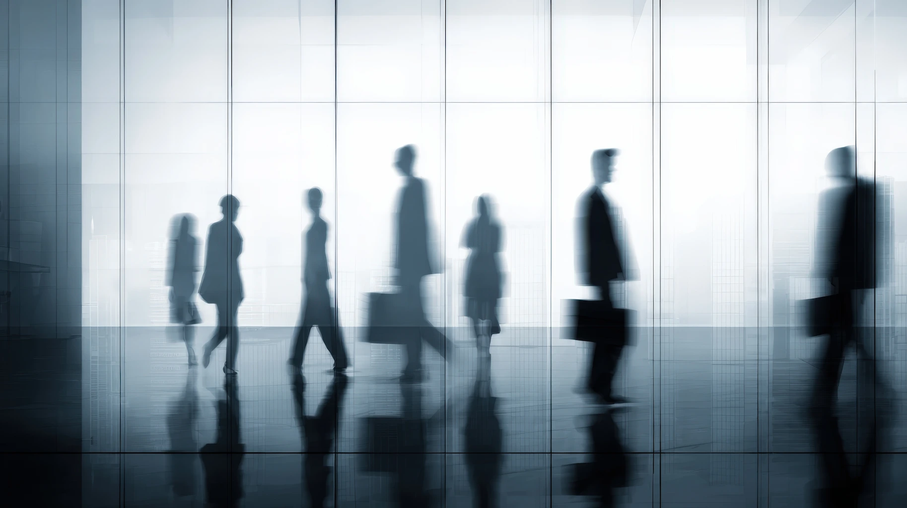 Silhouettes of business professionals walking through a modern office hallway, representing managed access and workplace security