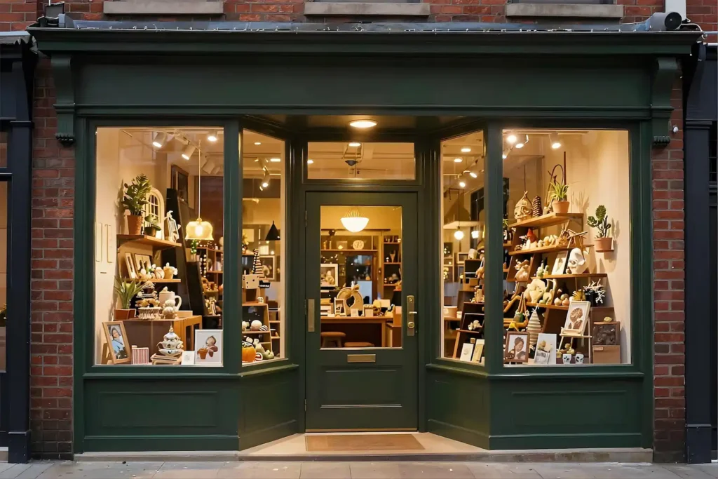 Retail storefront with glass display windows and secure entry door for a small business, serviced by Lion Locksmith commercial locksmith near Silver Spring MD for offices, shops, and business facilities.