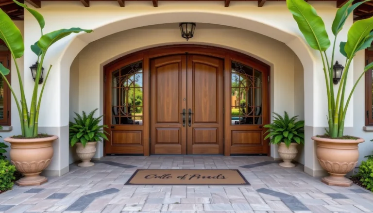 Custom double wooden entry doors with decorative glass panels installed at a residential property entrance for enhanced security and curb appeal