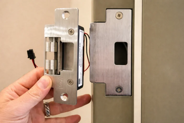 electric strike lock mechanism held beside door frame strike plate during installation for controlled access entry system on commercial door
