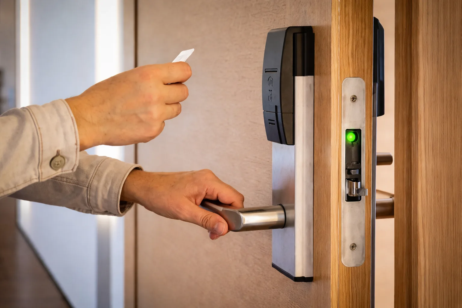 key card access unlocking door with electric strike and lever handle for secure commercial entry control system