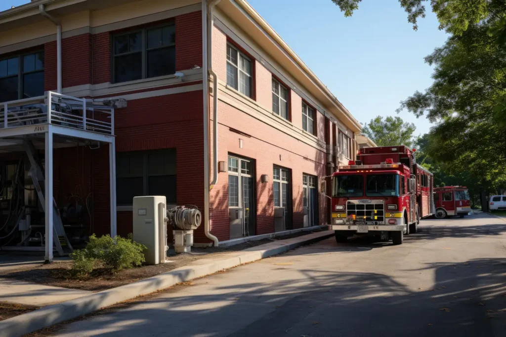 Fire station building with emergency vehicles and secure entry doors supporting locksmith services for fire stations and emergency response facilities