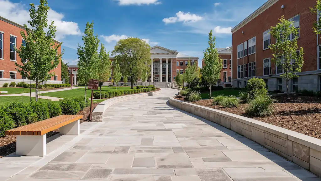 Government school campus buildings and pathways highlighting locksmith services for public schools, training centers, classrooms, offices, and administrative facilities