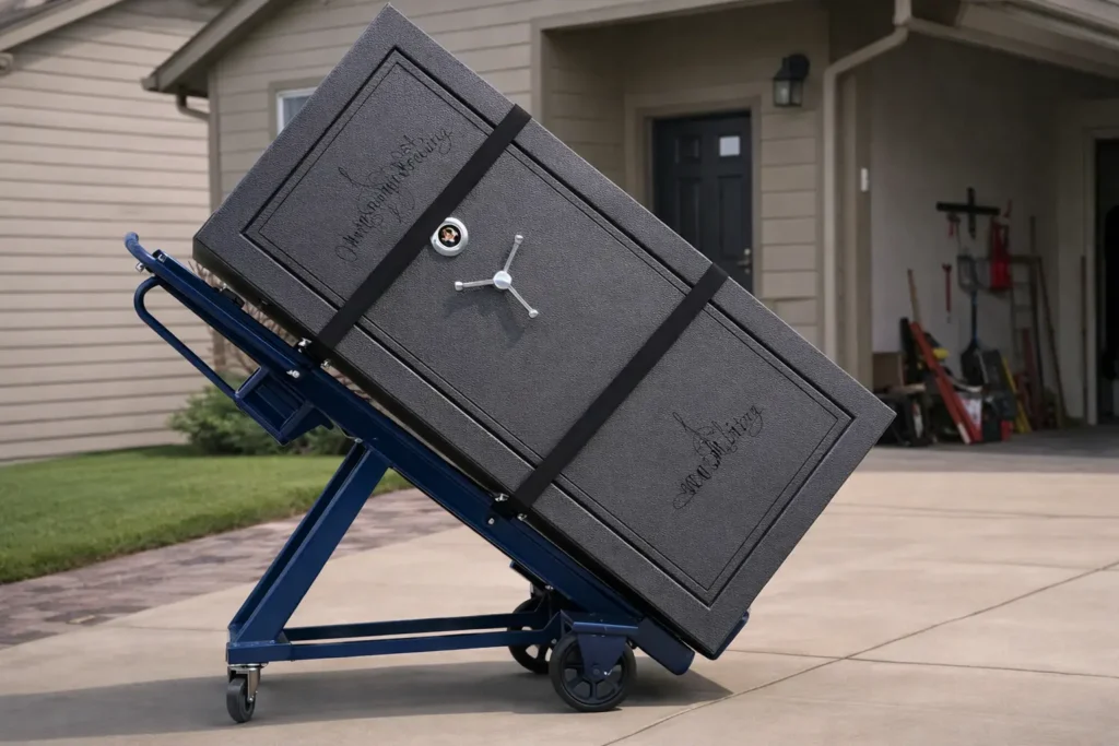 Professional gun safe moving using a heavy duty safe dolly to relocate a large residential gun safe safely in a driveway during a home safe relocation service in Maryland by Lion Locksmith