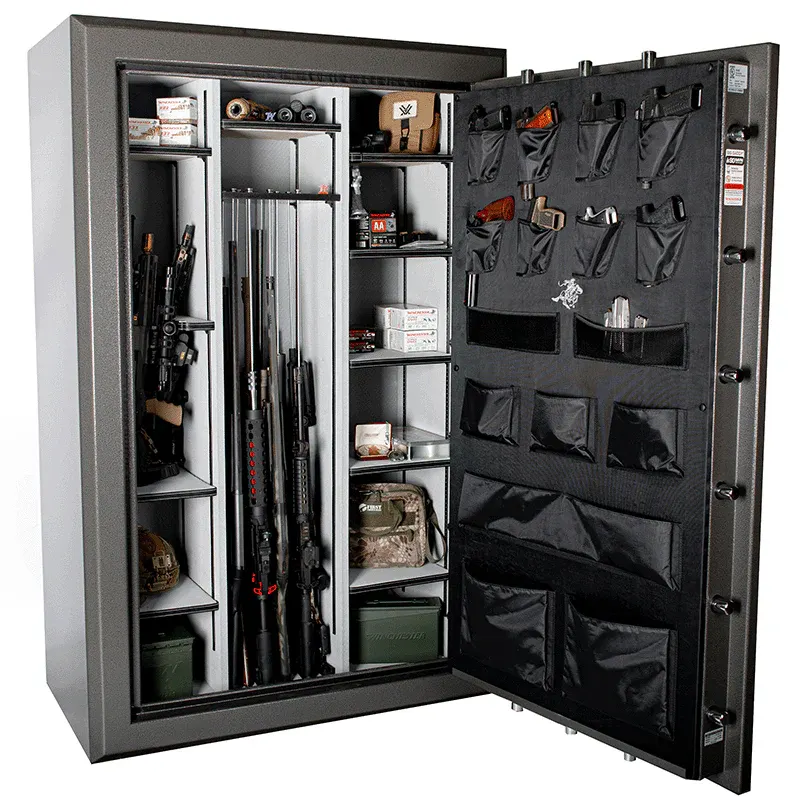 Open gun safe with organized firearm storage, shelves, and accessories showing secure residential firearm storage used for gun safe opening services in Maryland