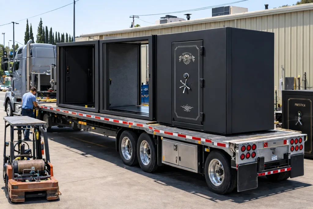 Lion Locksmith technicians transporting large commercial vault safes on a flatbed truck using specialized equipment for secure vault relocation and high-security safe moving services across Maryland.