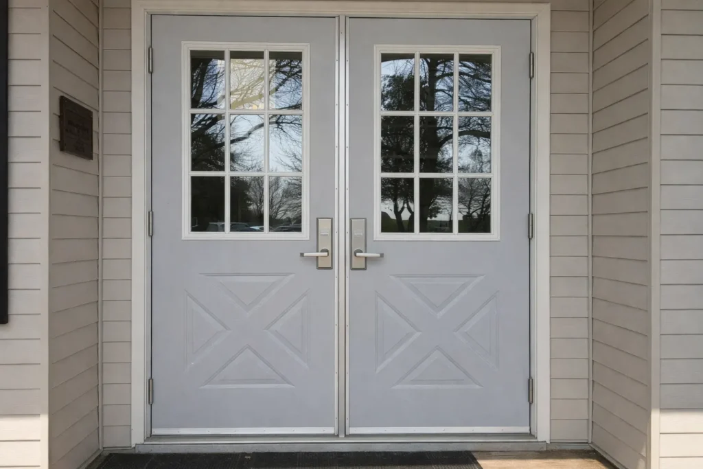 double hollow metal commercial doors with lever handles installed in reinforced frame for electric strike access control systems