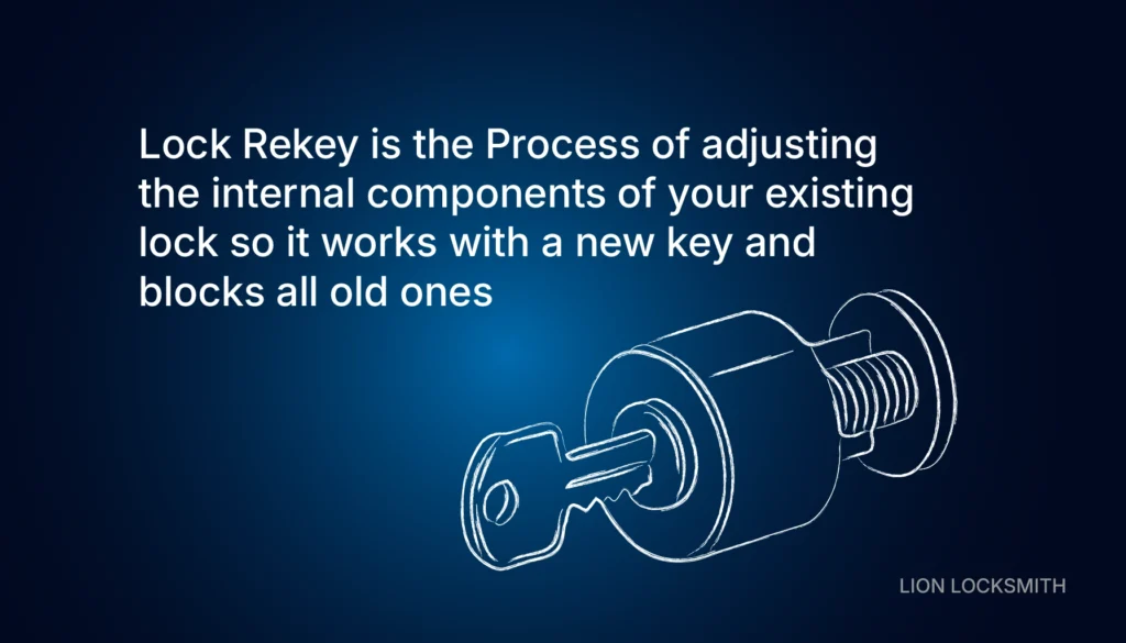 How to rekey a lock: illustration showing a lock cylinder and key with internal pin adjustment explanation