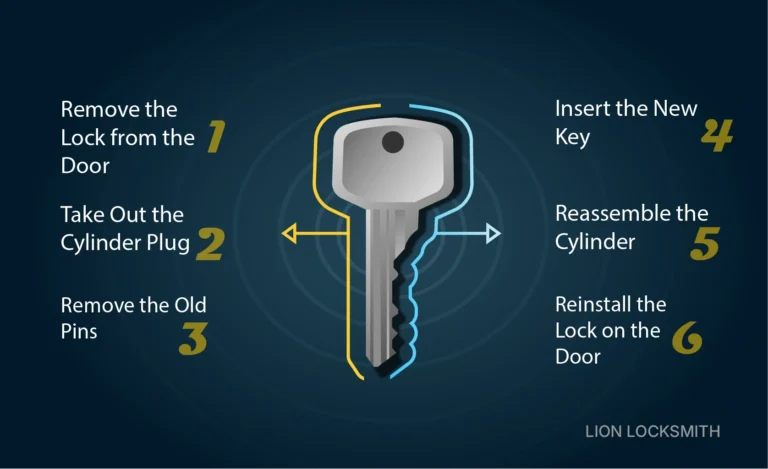 How to rekey a lock step-by-step illustration showing lock removal, cylinder plug removal, pin replacement, reassembly, and lock reinstallation