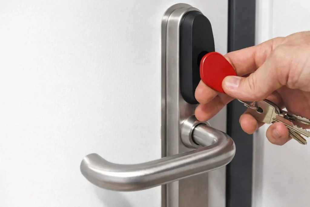 Hand using a red key fob on a commercial door reader with stainless steel handle for secure keyless entry access control in Maryland