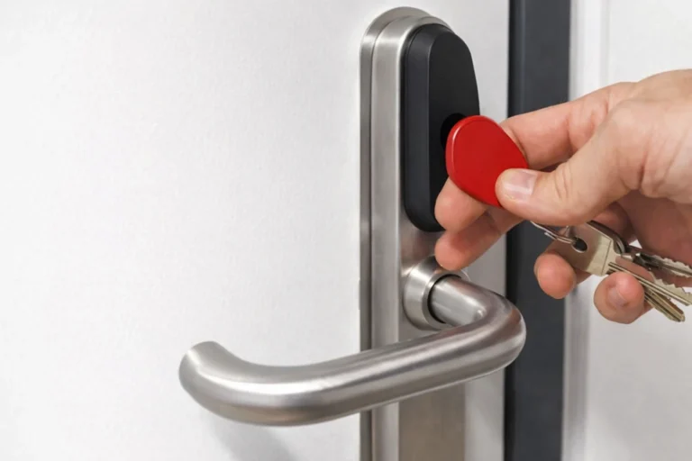 Hand using a red key fob on a commercial door reader with stainless steel handle for secure keyless entry access control in Maryland