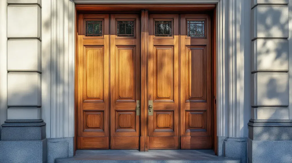 Large secure wooden government double-entry doors at a civic or municipal building maintained by Lion Locksmith.