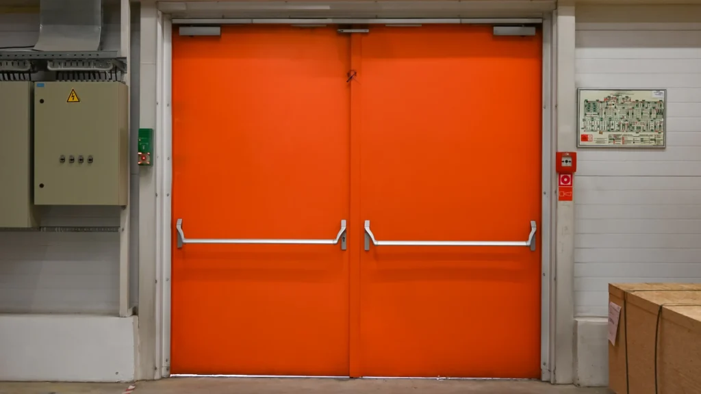 Industrial facility emergency exit doors with panic bars and secure hardware maintained by Lion Locksmith industrial locksmith near Silver Spring MD for warehouses and operational buildings.