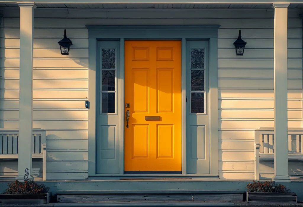 Yellow front entry door on a suburban home with secure lock hardware, serviced by Lion Locksmith residential locksmith near Silver Spring MD, protecting homes across White Oak.