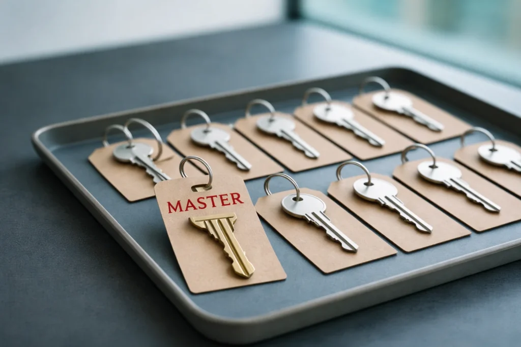 Master key system setup by Lion locksmith in Silver Spring MD organizing multiple keys for controlled access in offices apartments and commercial buildings