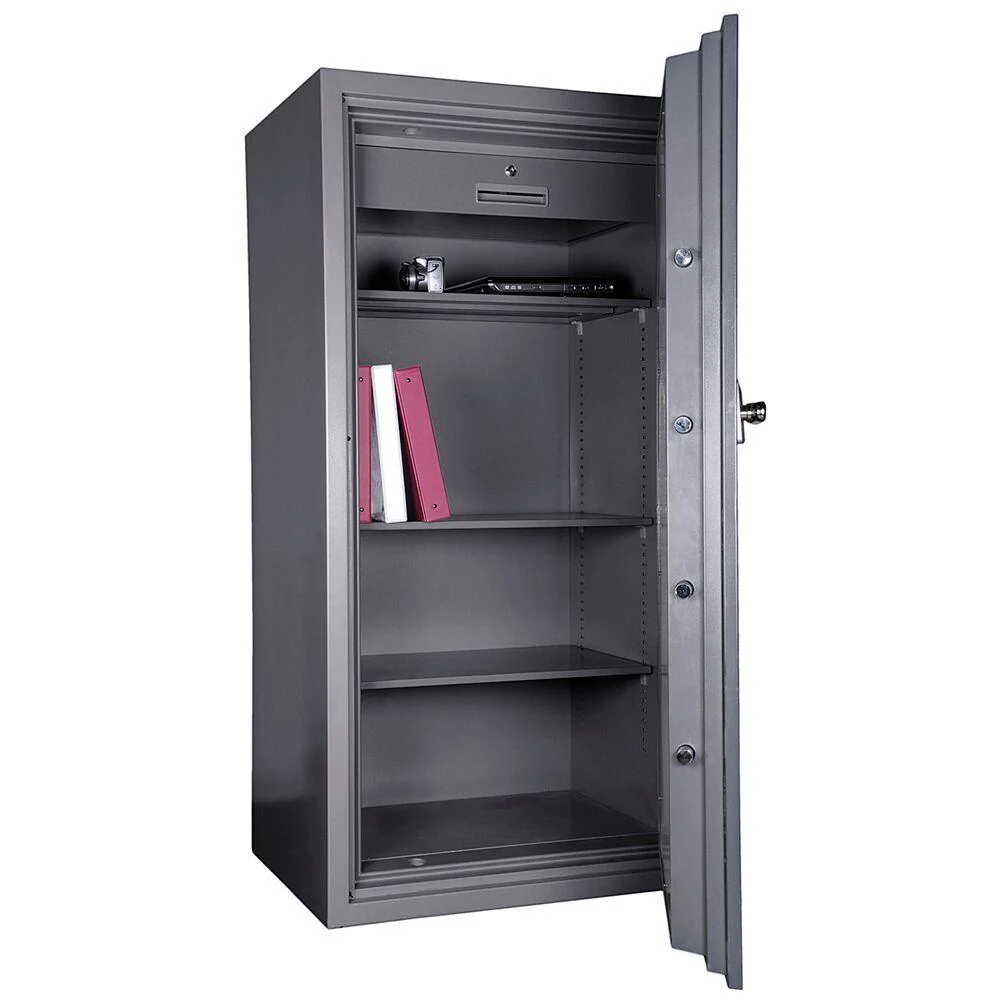 Open commercial office safe with shelves storing business documents and valuables inside a steel security safe used for office safe opening services in Maryland
