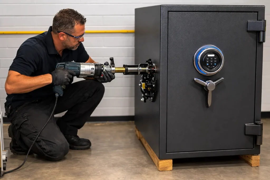 Safe opening locksmith drilling a large electronic safe during professional safe opening service in Maryland