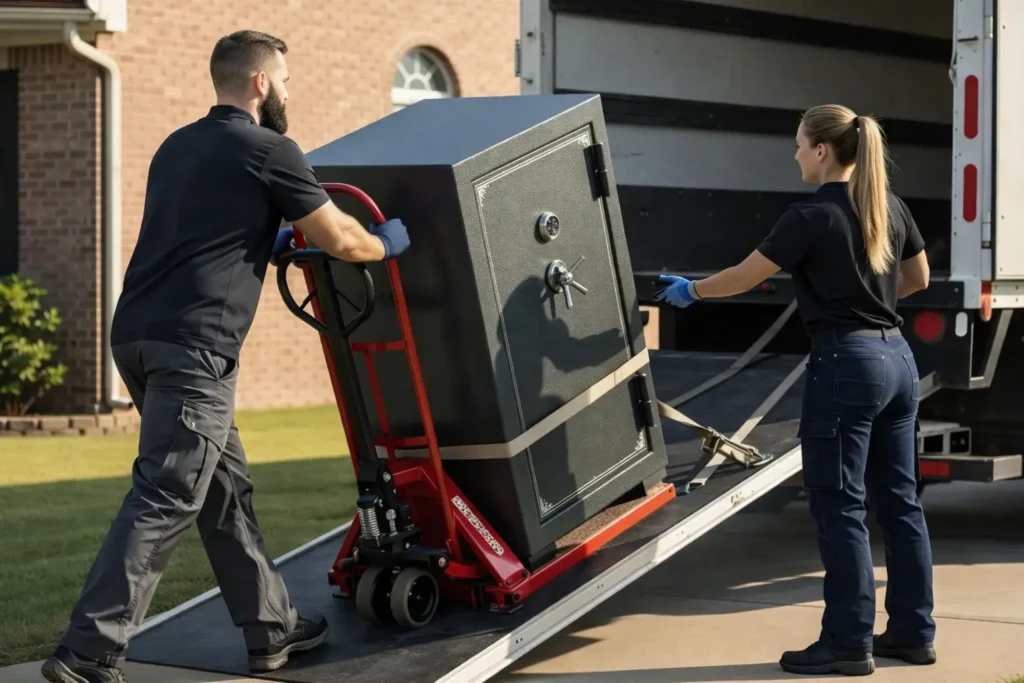 Lion Locksmith professional safe movers loading a heavy residential gun safe onto a moving truck using specialized equipment for secure and damage conscious safe relocation in Maryland.