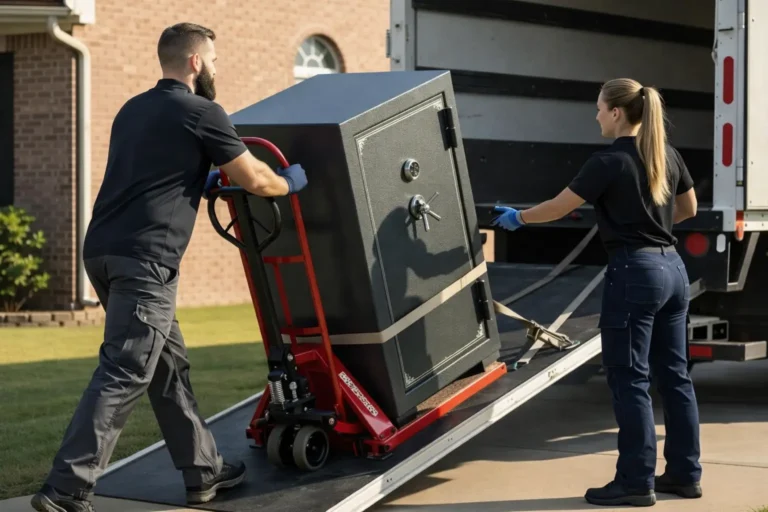 Lion Locksmith professional safe movers loading a heavy residential gun safe onto a moving truck using specialized equipment for secure and damage conscious safe relocation in Maryland.
