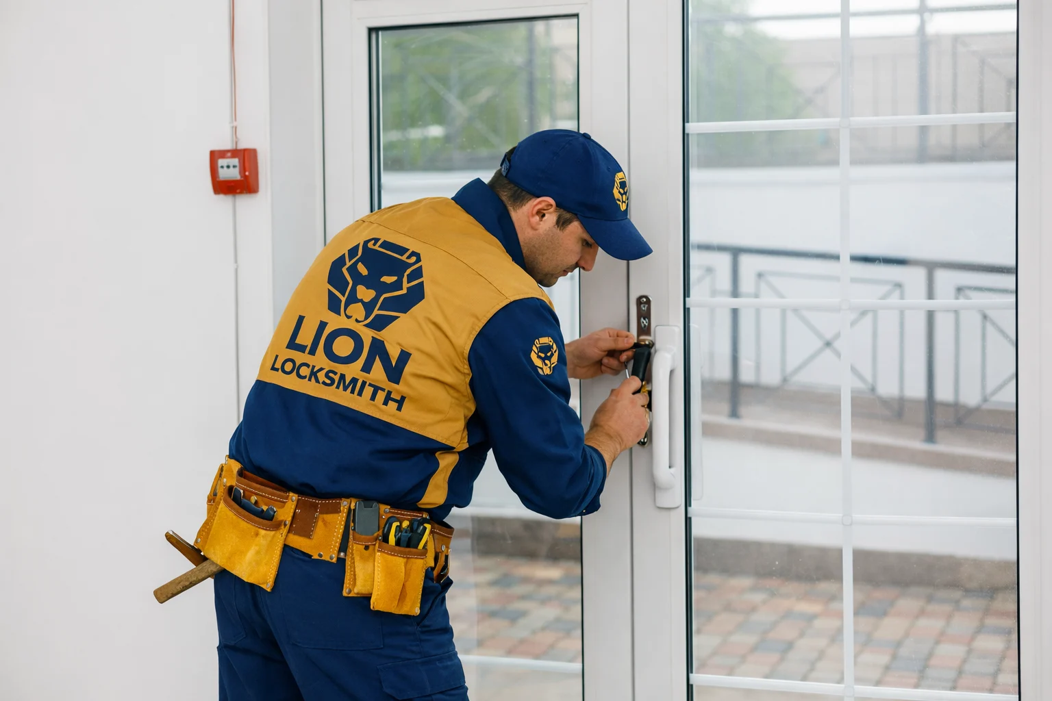 Certified Lion Locksmith door repair expert fixing residential patio door lock in Maryland with precision tools and insured workmanship