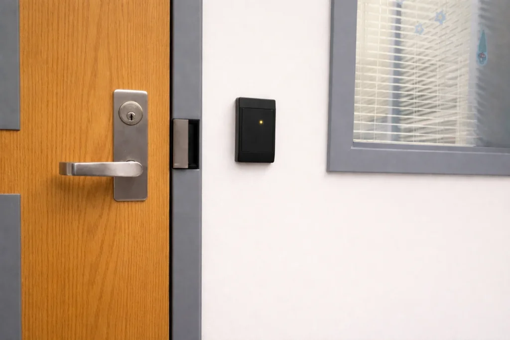 wood interior door with electric strike and wall mounted card reader for secure access control entry