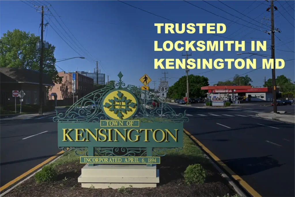 Locksmith Kensington MD by Lion Locksmith at Town of Kensington welcome sign, trusted local 24 hour locksmith services