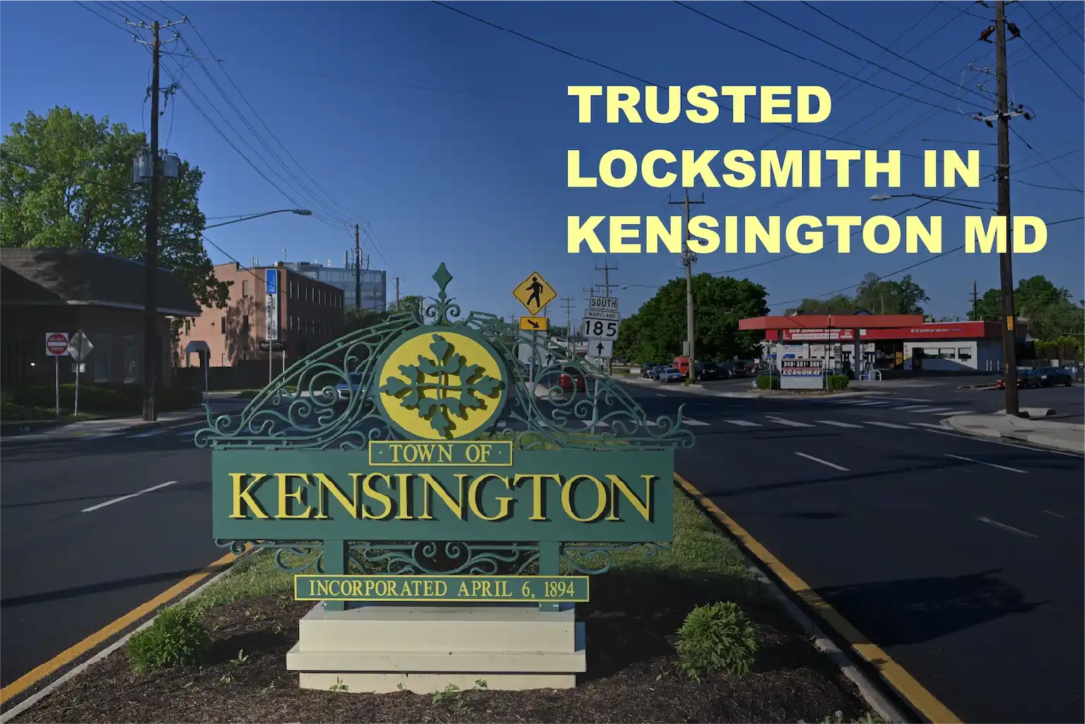 Locksmith Kensington MD by Lion Locksmith at Town of Kensington welcome sign, trusted local 24 hour locksmith services