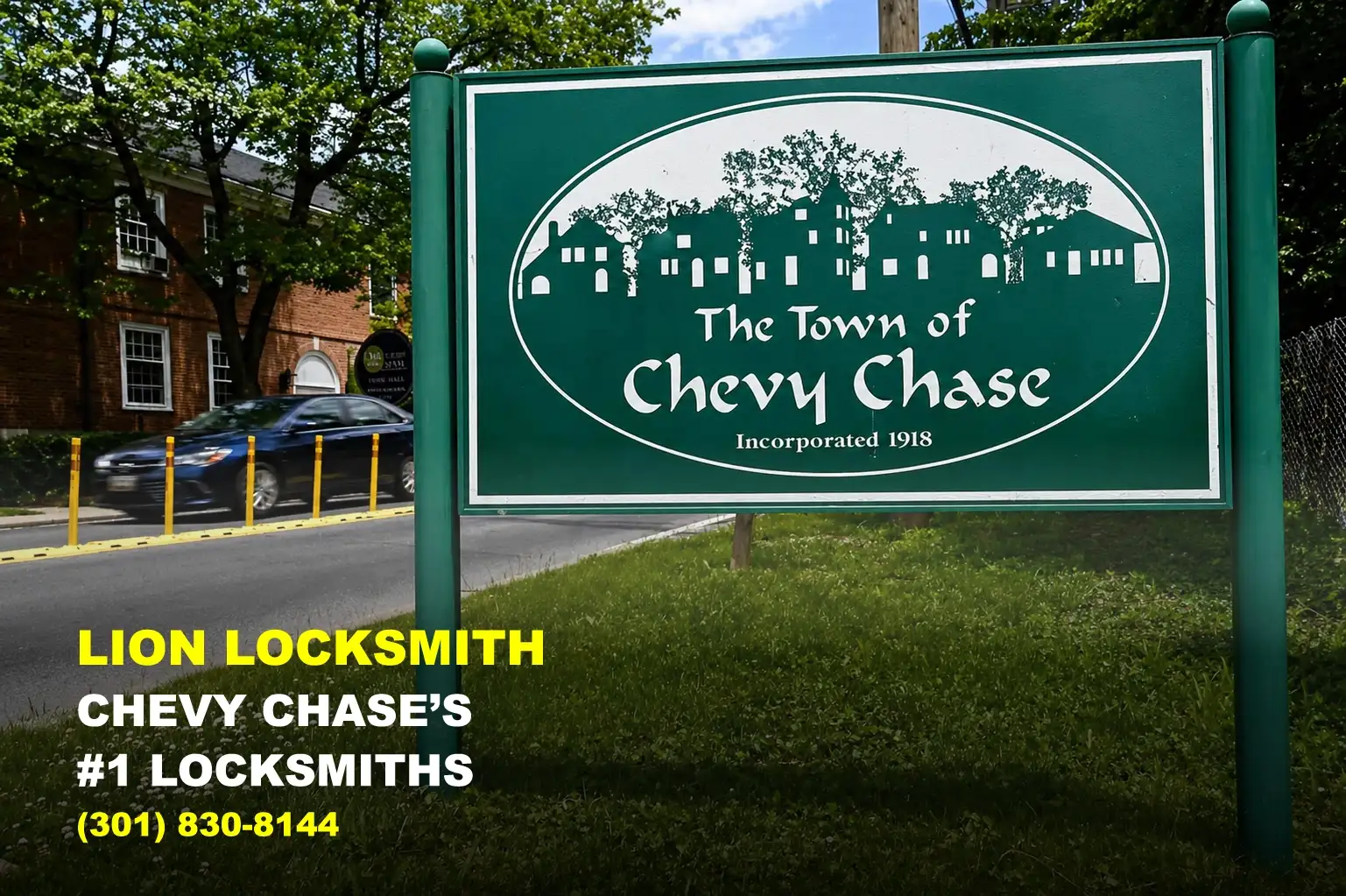 Lion Locksmith Chevy Chase MD service area sign with Town of Chevy Chase entrance showcasing local locksmith services and contact information