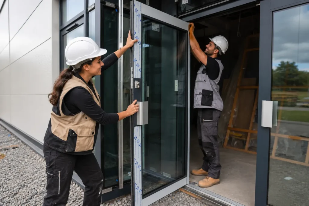 Lion Locksmith And Door team installing a commercial glass entrance door