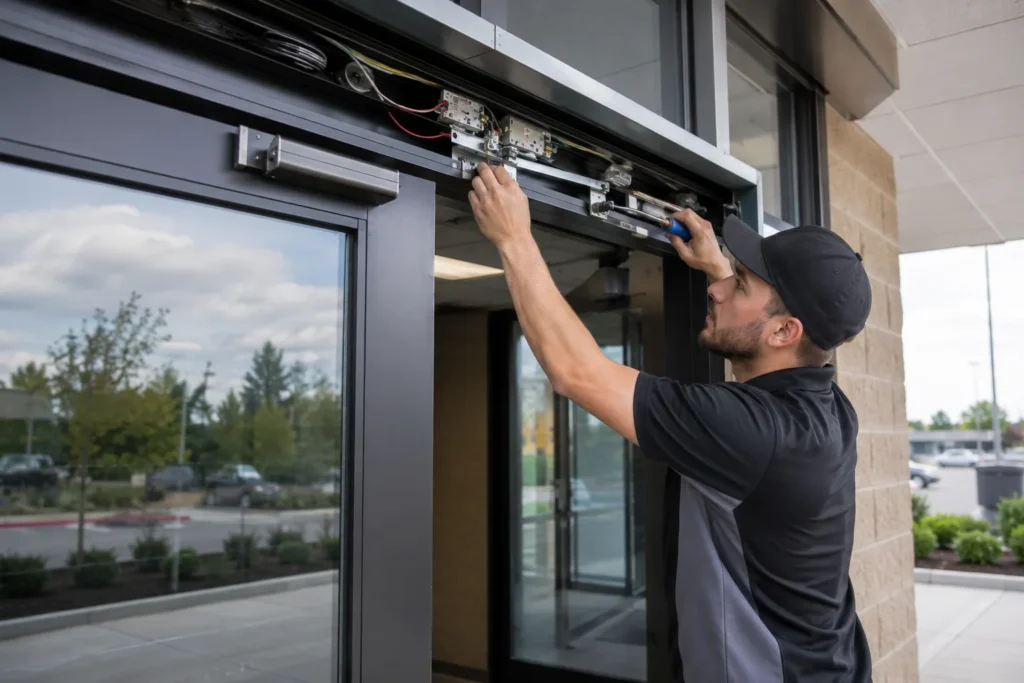 Lion Locksmith And Door technician repairing a commercial automatic glass door