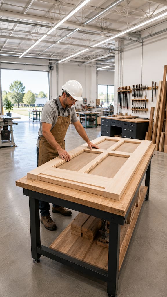 Craftsperson inspecting a custom wood door during fabrication in a workshop.