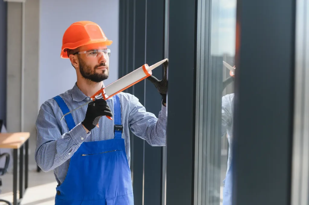 Lion Locksmith And Door technician applying sealant during scheduled glass door maintenance