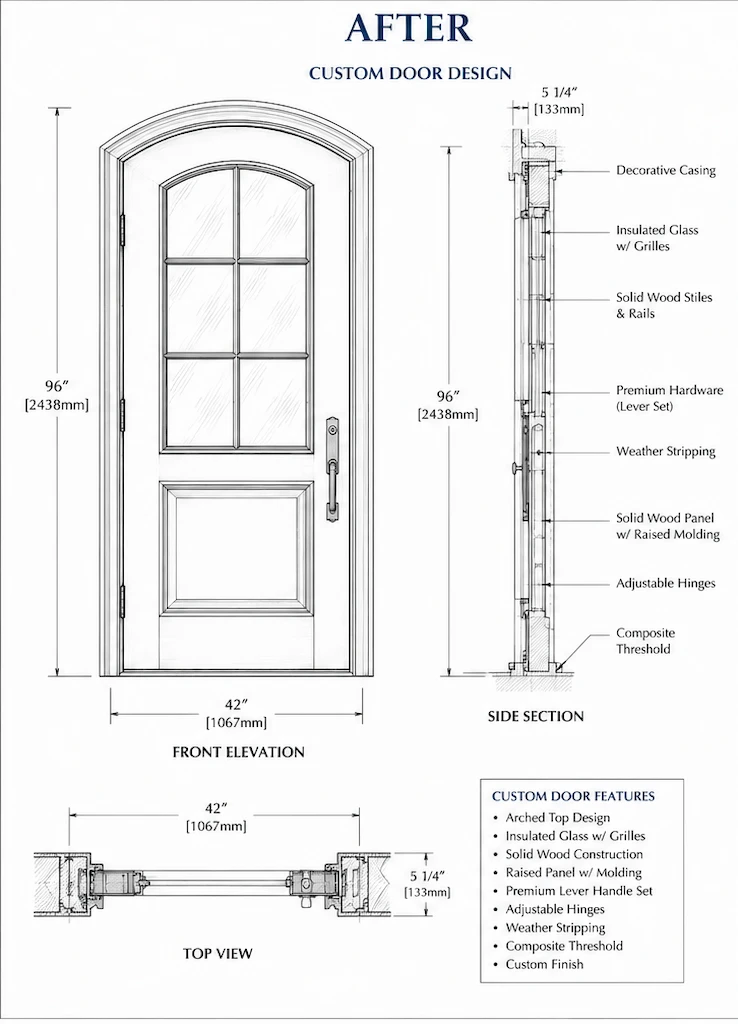 Custom door architectural drawing showing dimensions, materials, hardware, and construction details for final approval.